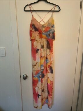 H&M Pink and Yellow Watercolor Maxi Dress with Spaghetti Straps